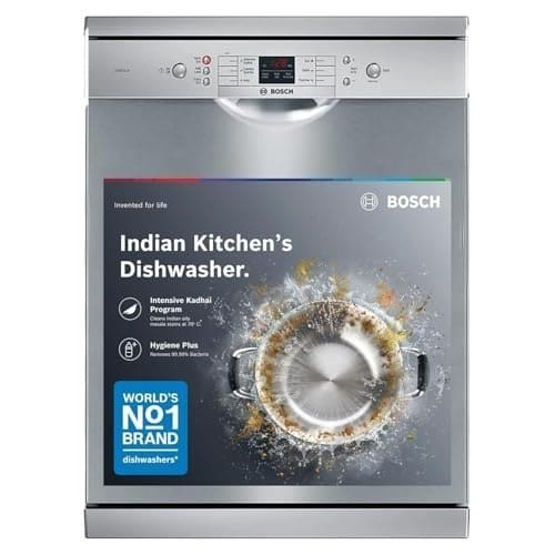 🛍️ Bosch 13 Place Setting (fits up to 70 utensils) Free-Standing Dishwasher for Indian Utensils | Hygiene+ & Intensive Kadhai Program (SMS66GI01I, Inbuilt Heater, Removes 99.9% Germs, Silver Inox)