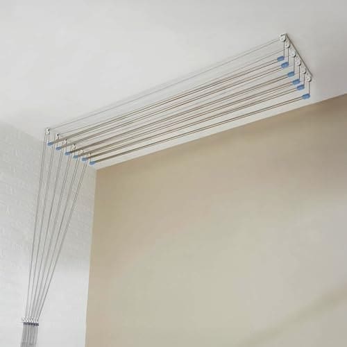 🛍️ Amazon Basics Heavy-Duty Stainless Steel Ceiling Cloth Dryer (6 Pipes x 4 Feet) with UV-Protected Nylon Ropes – Space-Saving Balcony Drying Rack with Pulley System