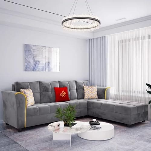 🛍️ FURNY Melrond 6 Seater Fabric RHS Sectional L Shape Sofa Set (Grey)