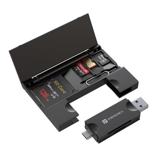 🛍️ Portronics Mport 30 Plus Card Reader with Storage Case for microSD & SD Cards, Type-C & USB Dock Dual Plugs, Carry Case for microSD, SD, SIM Cards and SIM Ejector Tool (Black)