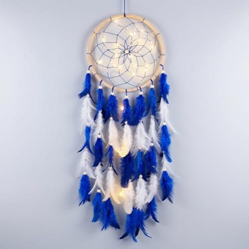 🛍️ THE URBAN ARTISTIC Handcrafted Wood Dream Catcher with LED Light - Large 7 inch, Rustic Boho Wall Hanging, Bedroom Living Room Decor, Blue