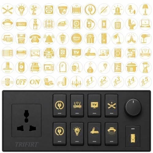 🛍️ Trifirt Royal Gold 600 Switchboard Stickers | Premium Self-Adhesive Vinyl Labels | 66+ Luxury Embossed Icons for Fan, Geyser, Light, Door Bell, AC & Home/Office Electrical Switch Identification