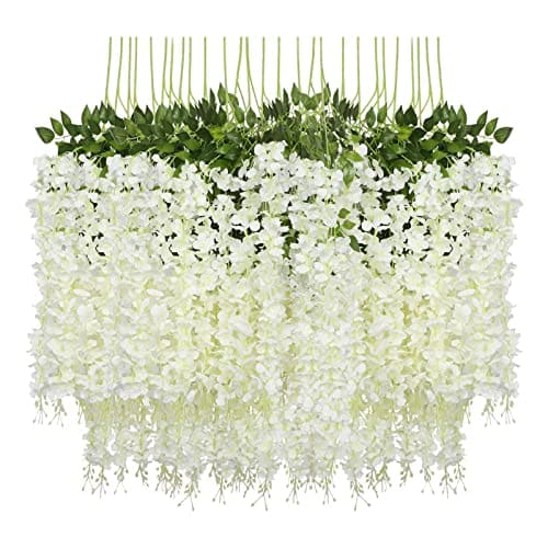 🛍️ Pauwer 12 Pack (43.2 FT) Artificial Wisteria Vine Ratta Fake Wisteria Hanging Garland Silk Long Hanging Bush Flowers String Home Party Wedding Decor (White)
