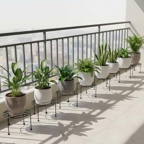 🛍️ ORILEY Round Plant Stand Galvanised Metal Flower Pot Holder Gamla Support Corner Rack Outdoor Display Shelf for Home Garden Balcony Decoration - (Pack of 8, Black)
