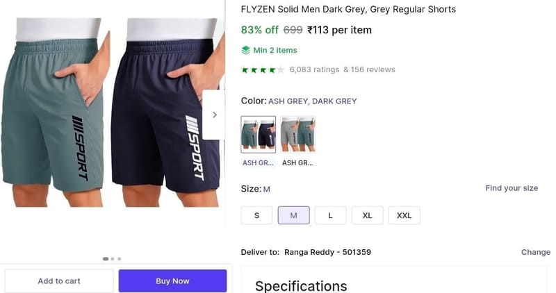 🔥  Men's Shorts at ₹113 [Min.2]