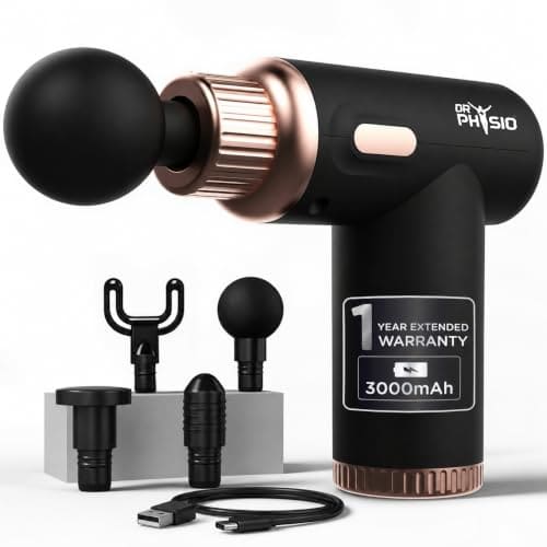 🛍️ Dr Physio USA Dynamo Rechargeable Percussion Massage Gun | 3000mAh Battery | 6 Speed Levels | 4 Removable Heads Electric Full Body Gun Massager, Pain Relief Cordless Deep Tissue Massage Machine - 1034
