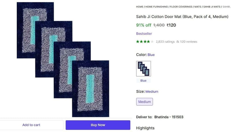 🔥  Cotton Door Mat (Pack of 4) at ₹120