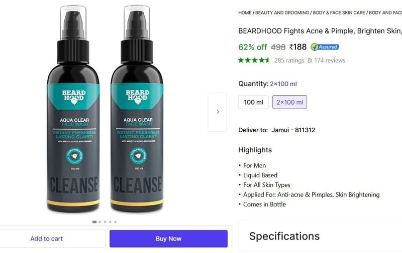🔥  BEARDHOOD Face Wash (200 ml) @ ₹188
