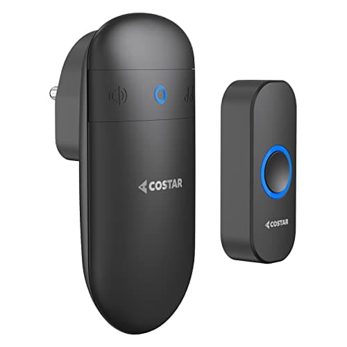 🛍️ COSTAR Wireless Door Bell Kits Chime for Home Office with LED Light 300 Meter 1000 Feet Operating Range 32 Ringtones 5 Levels Volume, 1 Receiver and 1 Push Button IP44 Waterproof (Pebble T301-Black)