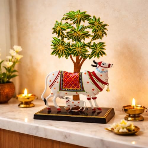 🛍️ CraftVatika Kamdhenu Cow with Calf Idol for Home Decoration Items for Living Room, Tealight Candle Holder for Pooja Room, Handpainted Rajasthani Showpiece, Wedding Anniversary House Warming Gifts