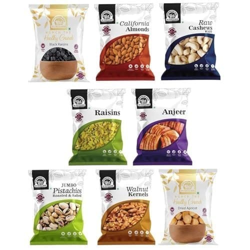 🛍️ Wonderland Foods 800g (100g X 8) Dry Fruits Combo Pack of 8 | Jumbo Pistachios, NP Almond, W320 Cashew, Black & Golden Raisins, Anjeer, Walnut Kernel, Dried Apricot 100g Each