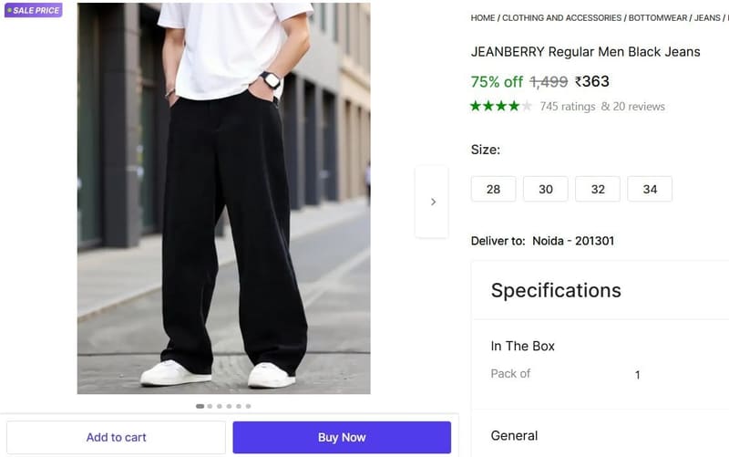 🔥  Regular Men's Black Jeans @ ₹363