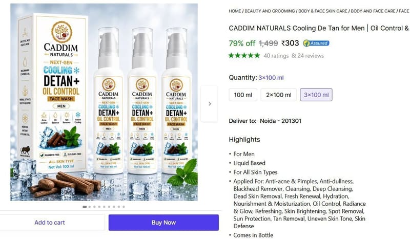 🔥  CADDIM NATURALS Cooling De Tan for Men Face Wash (300 ml) @ ₹303