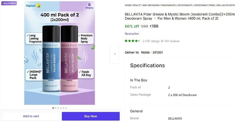 🔥  BELLAVITA Deodorant Spray (400 ml, Pack of 2) @ ₹199