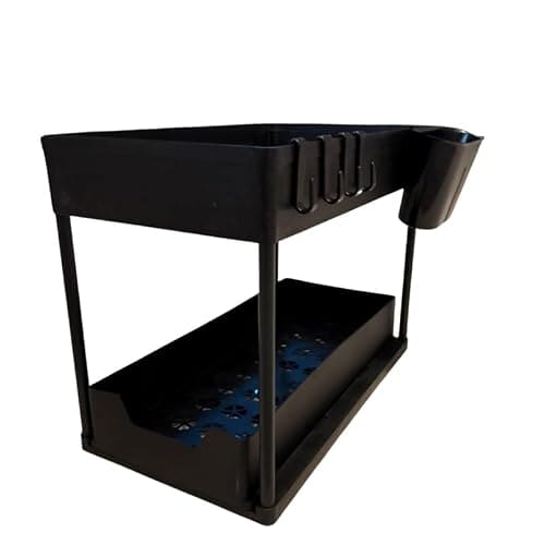 🛍️ E-COSMOS® 2-Tier Under Sink Organizer - Pull Out Cabinet Storage with Hooks & Hanging Cup, Multi-Purpose Under Bathroom Sink Organizer and Storage, Kitchen Cabinet Organizer,(Black)