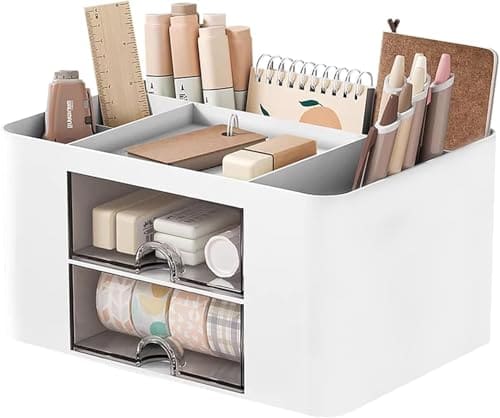 🛍️ UCRAVO Plastic Multi-Functional Desk Organiser with 5 Compartments and 2 Drawer Desktop Office Supplies Stationery Storage Box Cosmetic Organizer for Ballpoint Pens Staplers Clips Sticky Notes - White