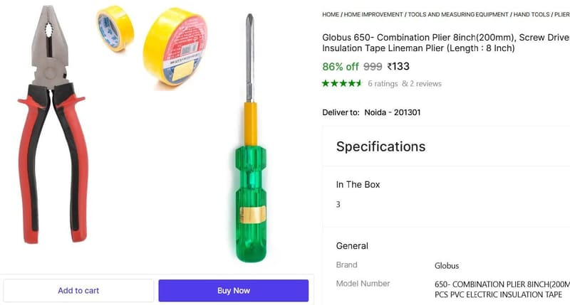 🔥  Plier, Screw Driver & 2 Pcs PVC Electric Insulation Tape @ ₹133