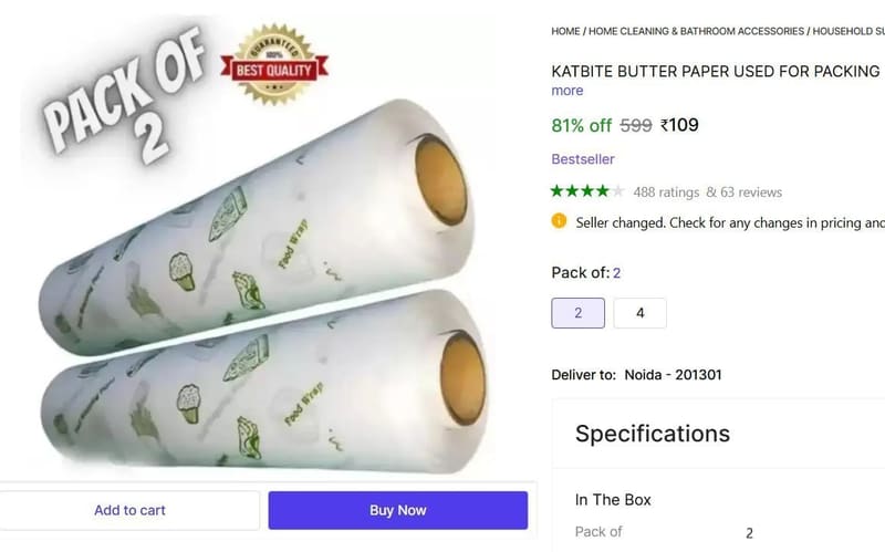 🔥  Butter Paper (Pack of 2, 50 m) @ ₹109