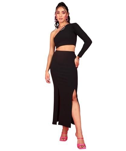 POPWINGS Casual Solid Top and Skirt Co-Ord Set for Women | S...