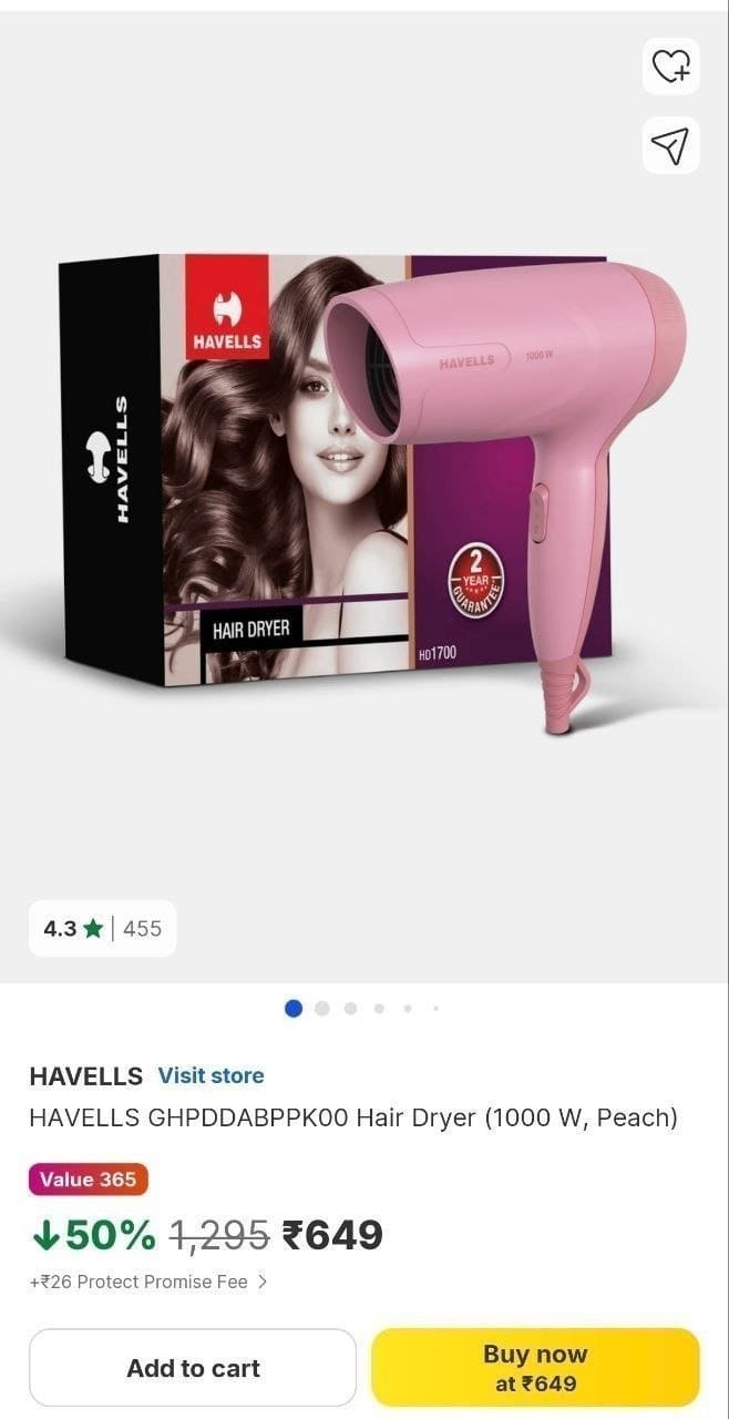 HAVELLS GHPDDABPPK00 Hair Dryer (1000 W, Peach) @585