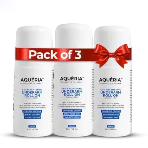 🛍️ Aqueria Pack of 3 Underarm Brightening Roll-On for Men & Women | Lactic Acid, Fermented Rice Water & Glycerine | Helps Reduce Dark Underarms, Pigmentation & Uneven Skin Tone | Controls Body Odour | Fresh Fragrance | (50ml x 3)