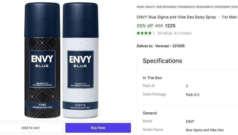 🔥  ENVY Deo Body Spray  -  For Men (330 ml, Pack of 2) @ ₹225
