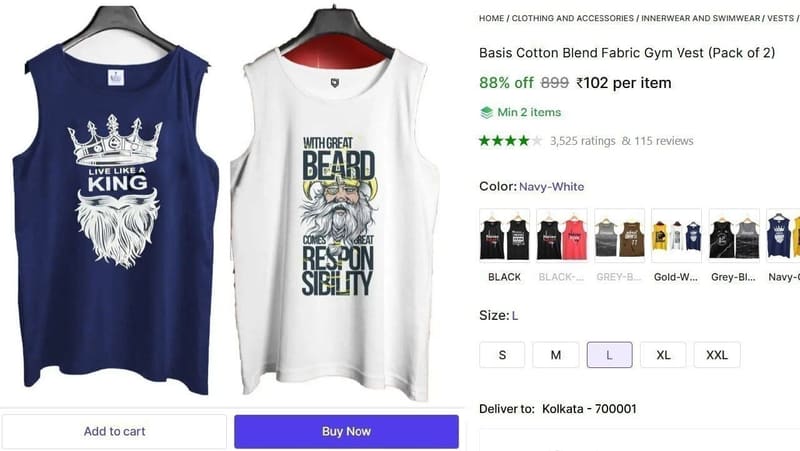 💥 Cotton Blend Fabric Gym Vest @ ₹102
