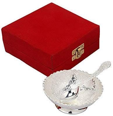 🛍️ SWAY HOME DECOR Metal Floral Dessert Bowl - 0.1 Liter, 1 Piece Bowl 1 Piece Spoon (Silver)