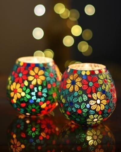 🛍️ Homesake® Tealight Candle Holders for Home Decor, Mosaic Glass, Flowers, Decorations for Home, Item for Diwali Festival Home Decor Item
