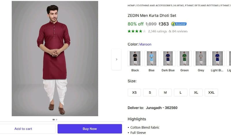 🔥  Men's Kurta Dhoti Set @ ₹363