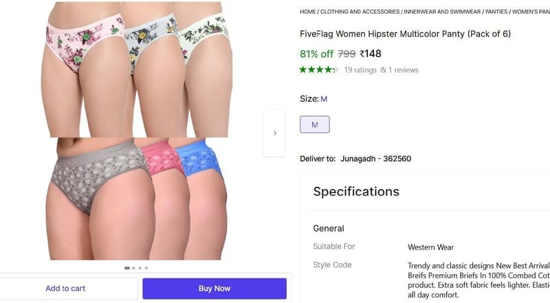 🔥  Women Hipster Multicolor Panty (Pack of 6) @ ₹148