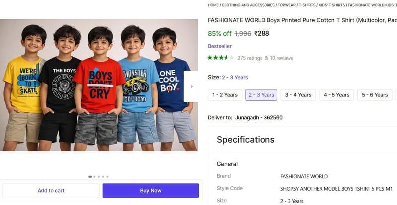 🔥  Boys Printed Pure Cotton T-Shirt (Multicolor, Pack of 5) @ ₹288