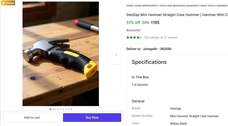 🔥  Mini Hammer Straight Claw Hammer @ ₹195