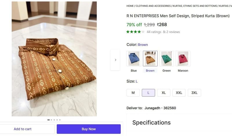 🔥  Men's Self Design, Striped Kurta (Brown) @ ₹268