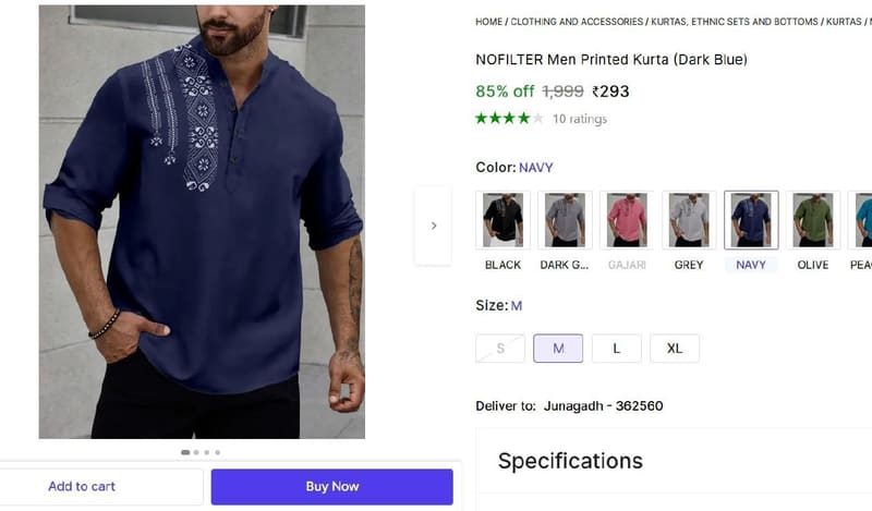 🔥  Men's Printed Kurta (Dark Blue) @ ₹293