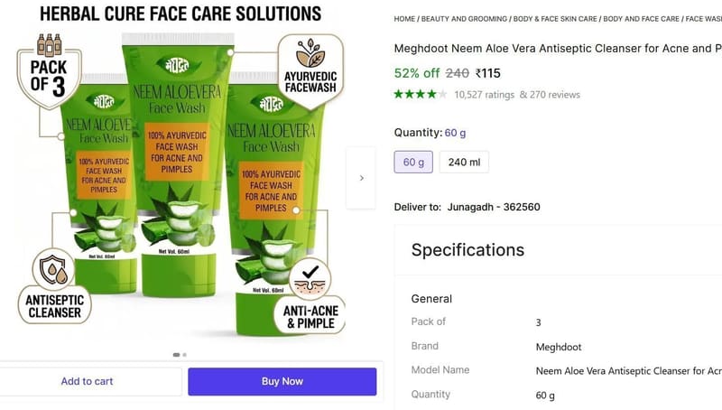 🔥  Neem Aloe Vera Face Wash (180 g) @ ₹115