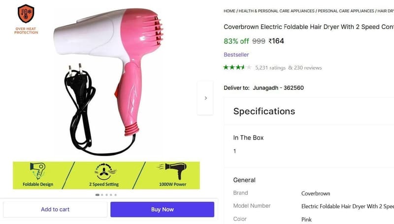 🔥  Foldable Hair Dryer @ ₹164