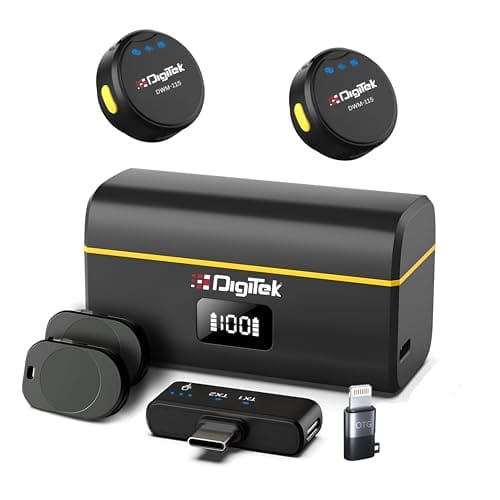 🛍️ Digitek® (DWM-115 2-in-1 Wireless Microphone, 2.4GHz, Magnetic Clip, Noise Reduction Lavalier Mic, 40m Range, 6Hr Battery, 360° Sound Capture for iOS & Android, Ideal Video Recording, Vlogging