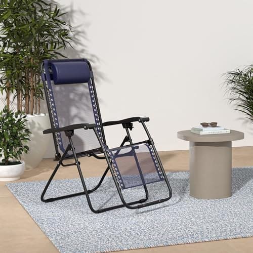 🛍️ Amazon Basics Outdoor Textilene Adjustable Zero Gravity Folding Reclining Lounge Chair with Pillow (Blue) | Alloy Steel