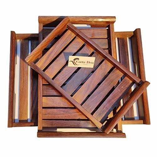🛍️ CARTADEN Wooden Serving Trays Large Medium And Small, Nesting Multipurpose Trays - For Breakfast, Coffee Table/Butter & More (Cutout Handle Tray, Set of 3) Rectangular