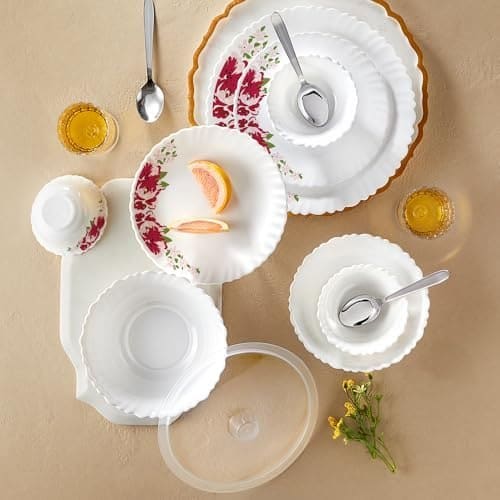Larah by Borosil Silk Series Rose Red Opalware Dinner Set wi...