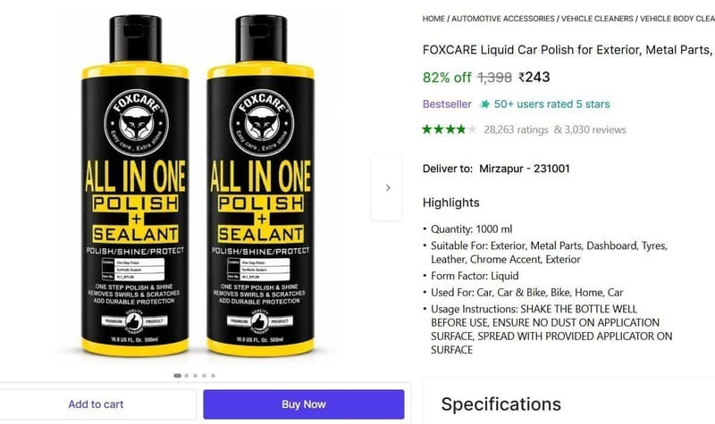 🔥  Liquid Car Polish (1000 ml, Pack of 2) @ ₹243
