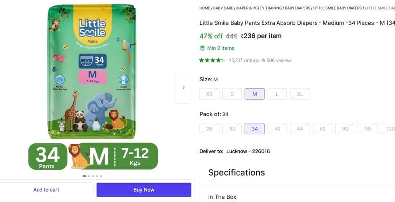 🔥  Diapers - Medium -34 Pieces - M @ ₹236