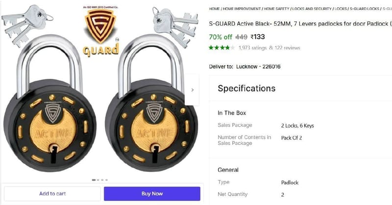 🔥  Pack Of 2 Padlock @ ₹133
