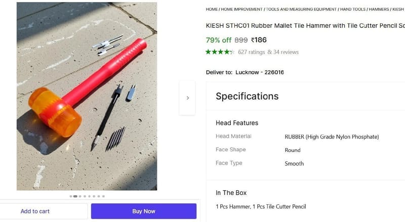 🔥  Rubber Mallet Tile Hammer with Tile Cutter Pencil @ ₹186