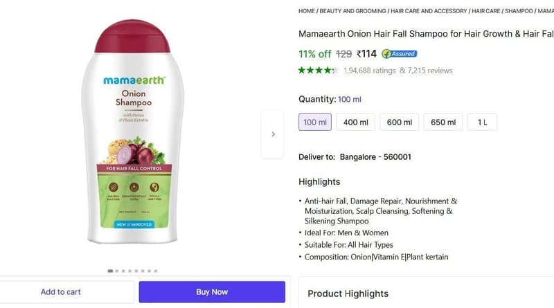 🔥  Mamaearth Onion Hair Fall Shampoo (100 ml) @ ₹114