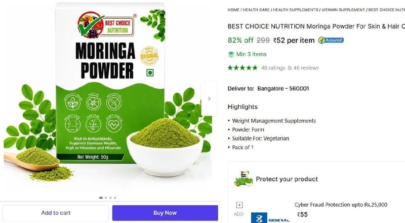 Shopsy | 🔥  Moringa Powder, 50gm @ ₹52