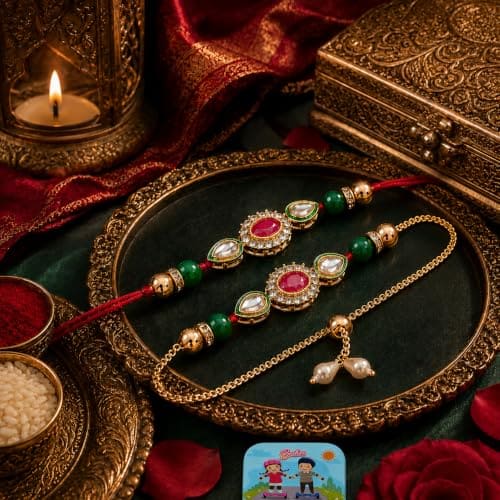 🛍️ CraftVatika Rakhi Set for Brother and Bhabhi, Lumba Floral Rakhi Kundan Bracelet Rakhis for Bhaiya Bhabhi Rakhis for Rakshabandhan Couple Pearl Set of 2 with Fridge Magnet Gift