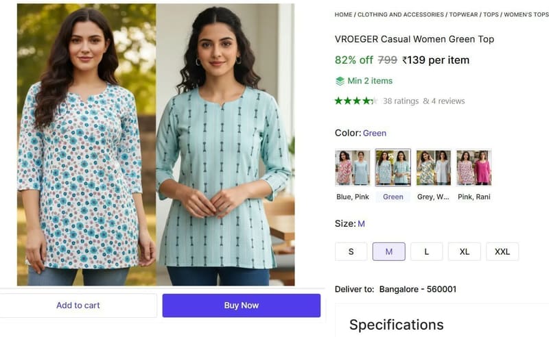 🔥  Casual Women Green Top @ ₹139