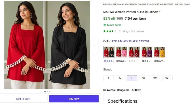 🔥  Women Printed Kurta @ ₹164